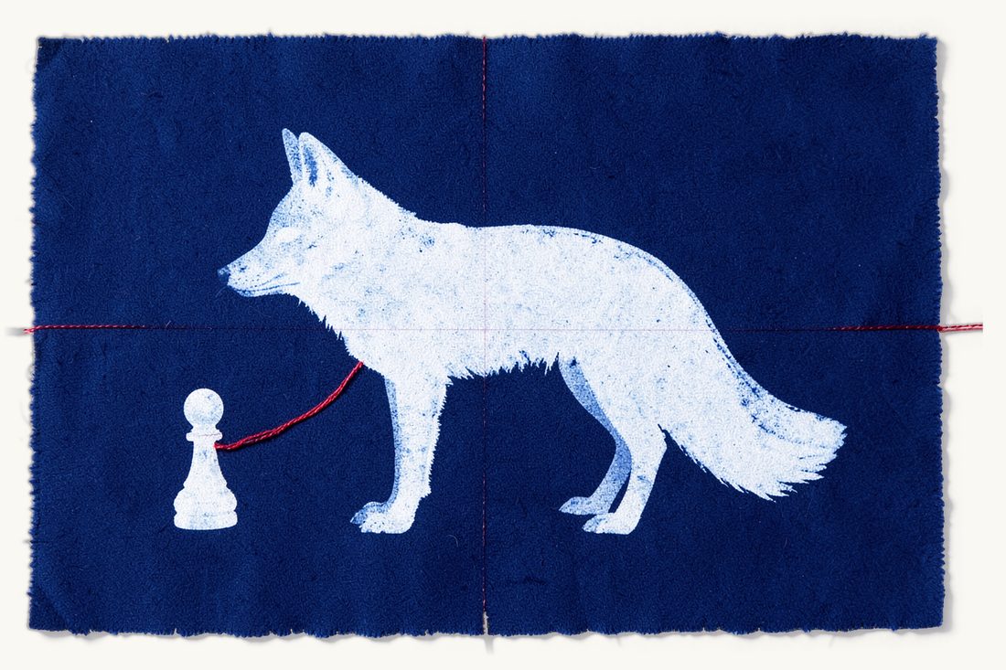 Fraud under Turkish law: a large sly fox carrying a small suitcase in its jaws, a red thread leading from a small chess pawn to the suitcase, cyanotype print