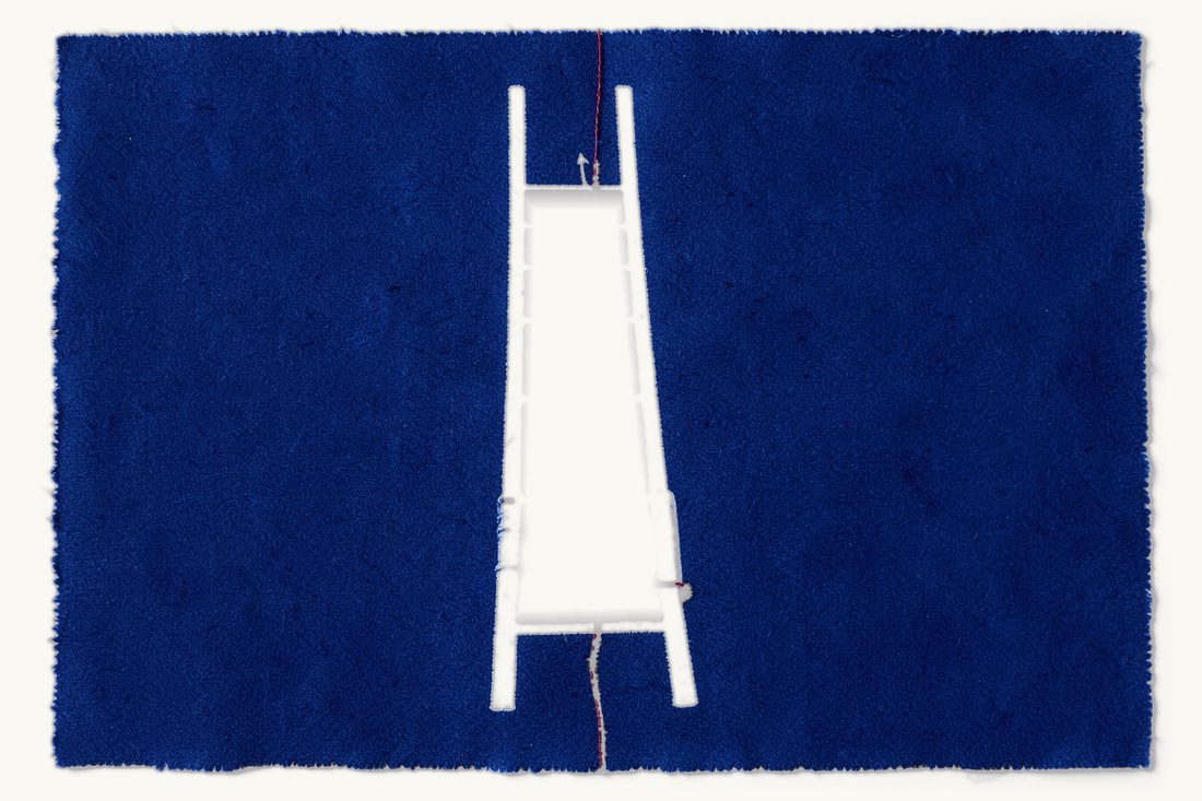 Which court hears fraud in Turkey: a tall ladder with an antique book on its lowest rung and a small fishing hook at the top, a red thread running down to the book, cyanotype print