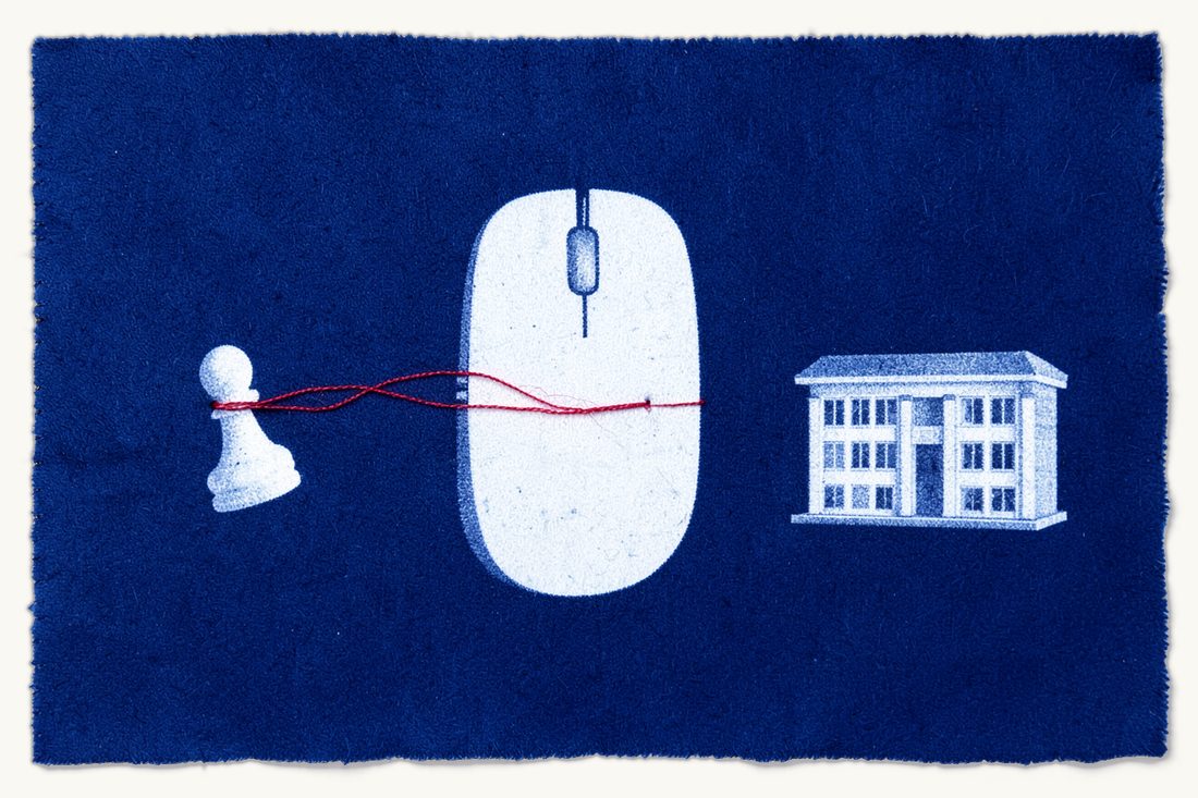 Ownership of software written by developers: a large computer mouse whose red cable reaches a chess pawn but stops short of an office block, cyanotype print