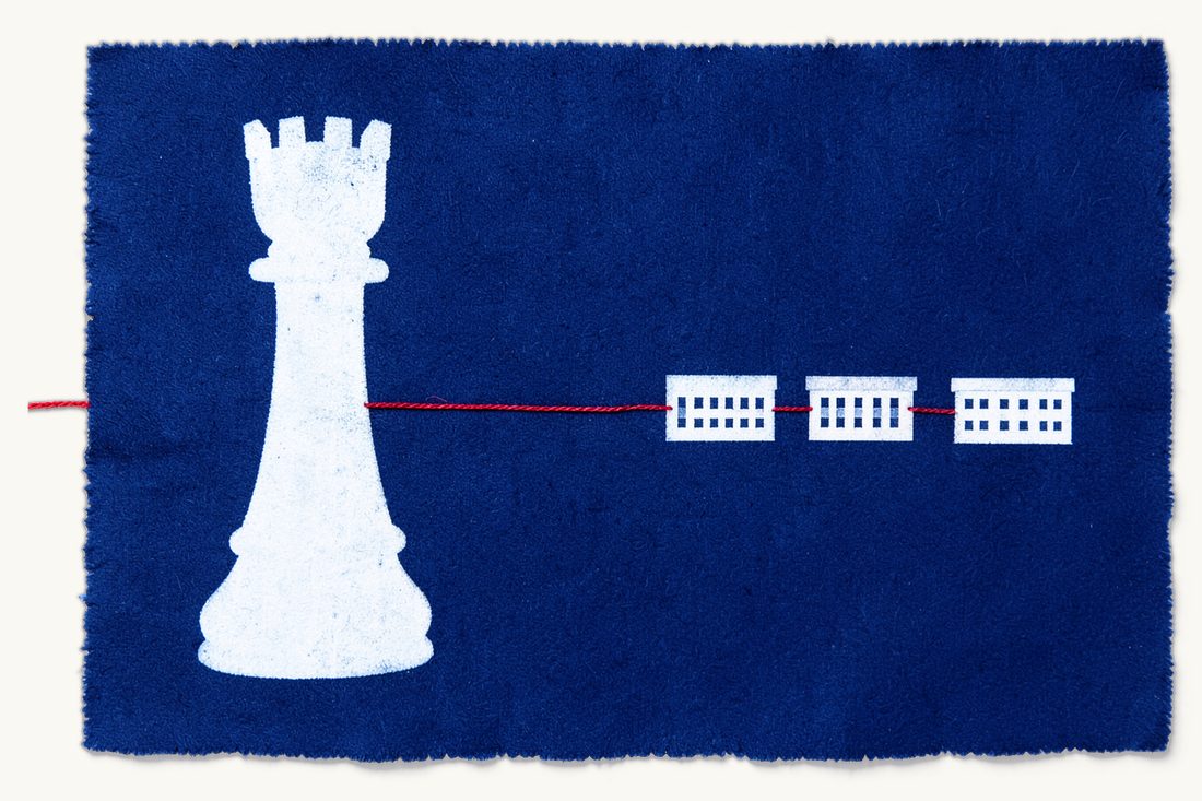 Abuse of a dominant position in Turkey: a tall chess rook whose red thread stops short of three small office blocks, cyanotype print