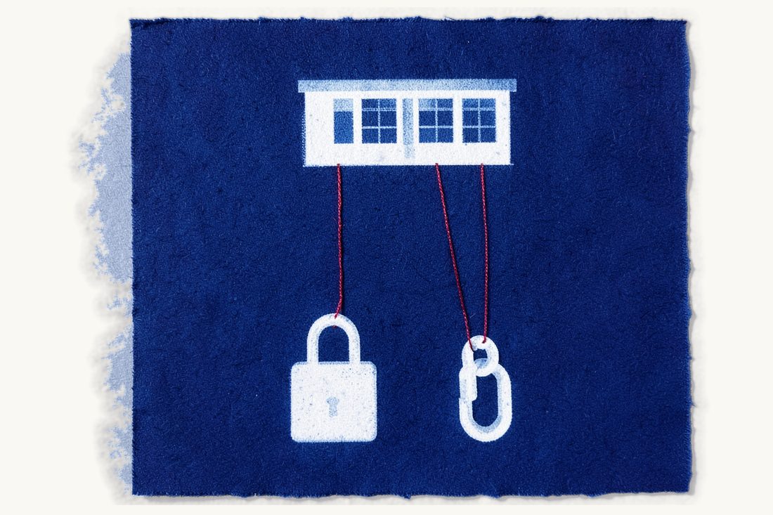 Exposure of foreign companies with a strong Turkish position: an office block with two red threads running down, one to a large padlock and one to a chain with a broken link, cyanotype print