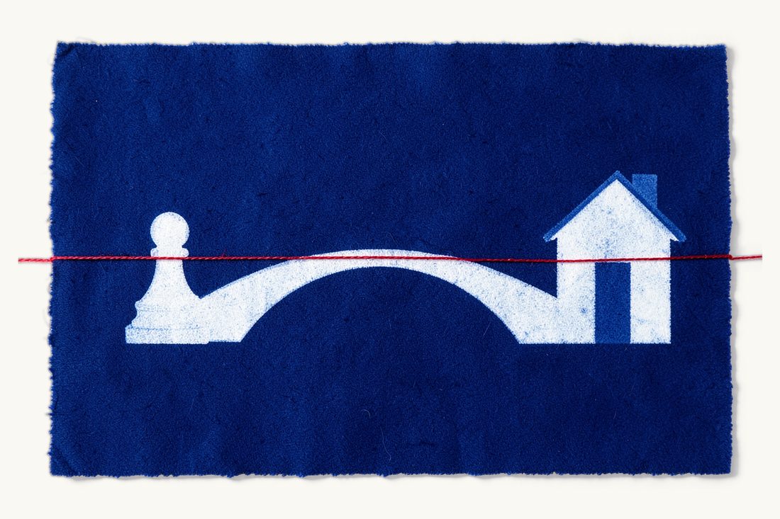 Turkish citizenship by investment, its legal basis: a small chess pawn crossing a large arched bridge toward a house, guided by a red thread, cyanotype print