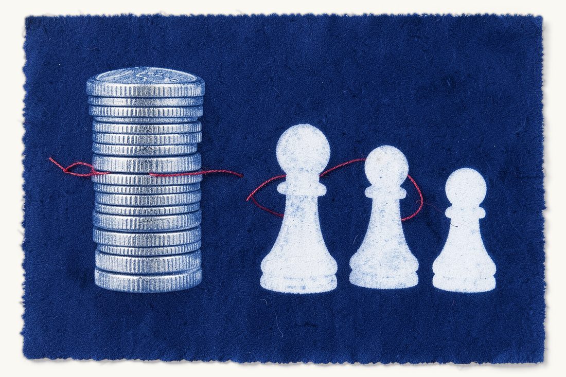 Family members covered by Turkish citizenship by investment: one tall stack of coins with a red thread closing into a ring around three chess pawns of different sizes, cyanotype print