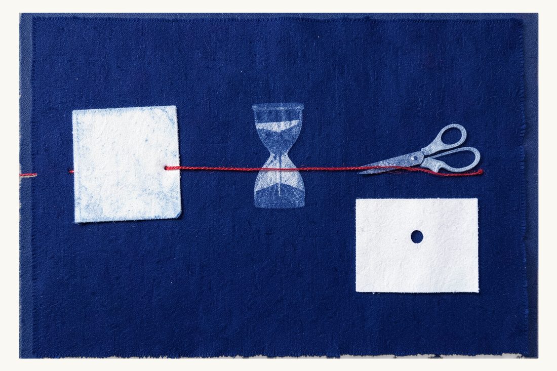 Annulment and nullity of general assembly resolutions: two parallel red threads from a document folder, one through an hourglass to open scissors, one straight to a paper sheet with a hole, cyanotype print
