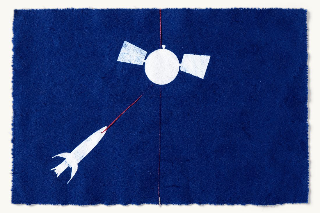 Anti-satellite weapons: a rocket rising at the lower left with a taut red thread running from its nose to a large satellite, cyanotype print