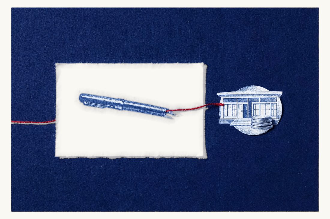 Bad cheques in Türkiye: a large sheet of paper with a fountain pen lying across it, tied by a red thread to a stack of silver coins in front of a small office block, cyanotype print
