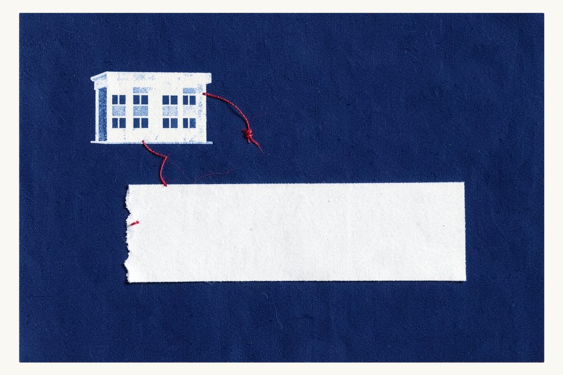 What to do about a dishonoured cheque in Türkiye: a long blank cheque-like slip with a torn stub, a red thread looping back to a small office block, cyanotype print