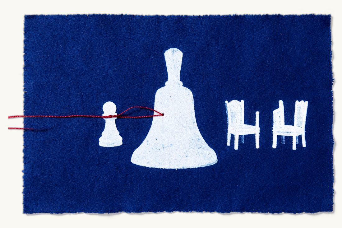 Who calls a board meeting and how a member can force one: a large bell tied by a red thread to a chess pawn and to a row of three empty chairs, cyanotype print