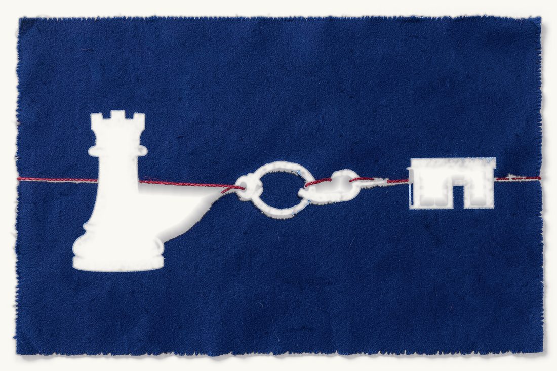 Civil liability of board members in Turkey: a chess rook tied by a red thread to a large chain with one broken link, a small office block beside it, cyanotype print