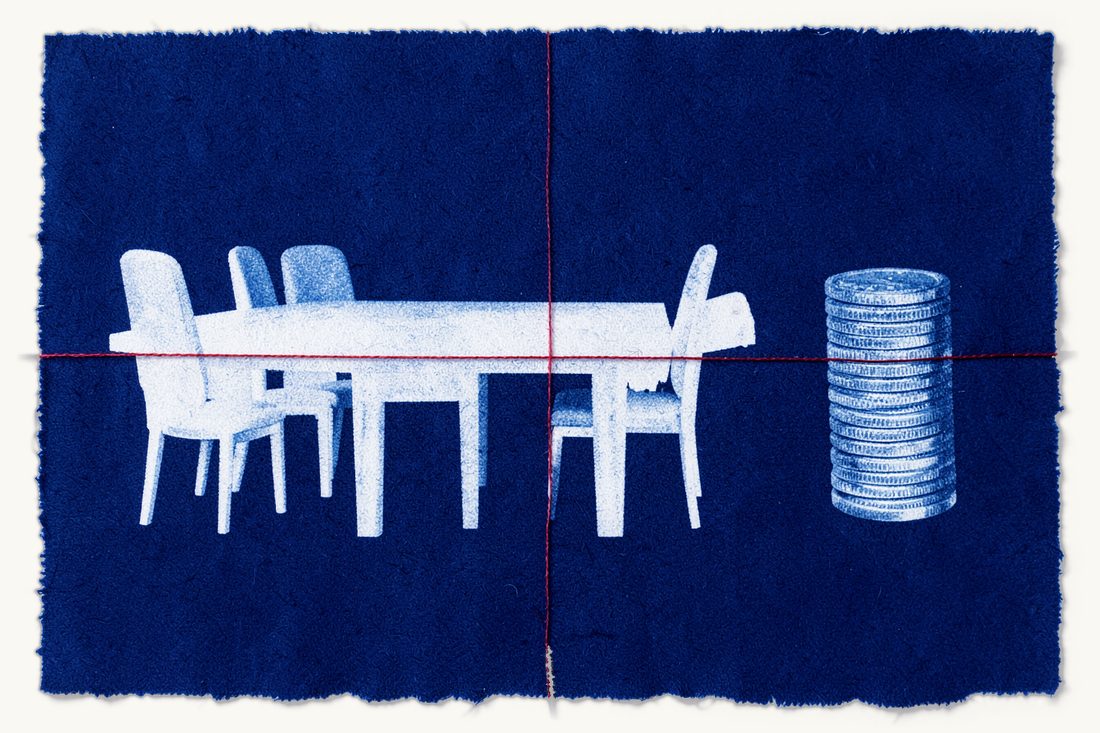 Board member personal liability for company tax debts in Türkiye: a boardroom table with one chair tied by a red thread to a stack of coins, cyanotype print