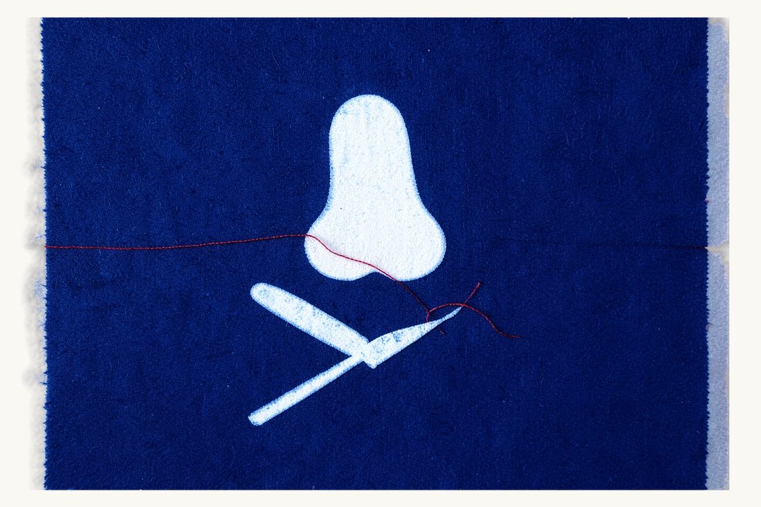 Botched nose job and rhinoplasty claims in Turkey: a large nose-shaped silhouette with a scalpel beside it and a red thread cut into two loose ends, cyanotype print