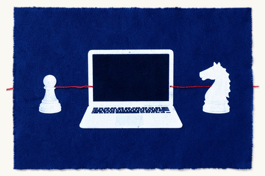 Filing a malpractice claim remotely with Istanbul lawyers: a large blank laptop linked by one red thread to a small pawn and a knight, cyanotype print