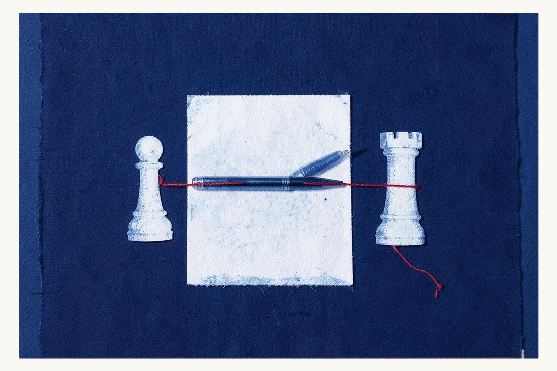 Breach of contract in Türkiye: a large sheet of paper with a fountain pen, a chess pawn tied to it by a red thread and a chess rook whose red thread stops short of the paper, cyanotype print