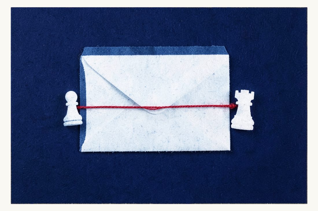 Corruption en droit turc : une grande enveloppe fermée reliée par un seul fil rouge à un petit pion d'échecs d'un côté et à une petite tour de l'autre, cyanotype