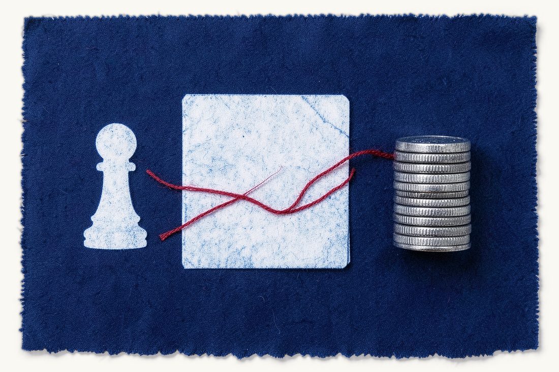 Paying safely when buying Turkish property: a chess pawn, a document folder wrapped by the red thread, and only then a stack of coins, cyanotype print