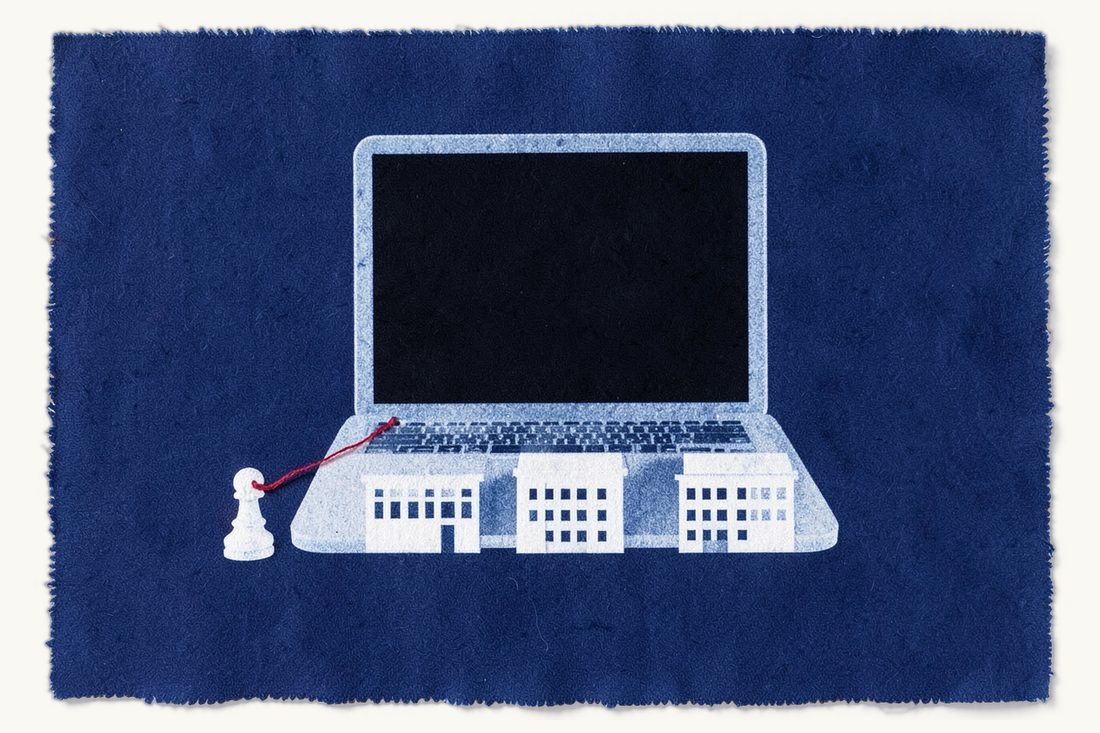 Capital markets law in Türkiye: a large laptop with a dark blank screen in front of a row of three small office blocks, a red thread linking a small chess pawn to the laptop and the blocks, cyanotype print