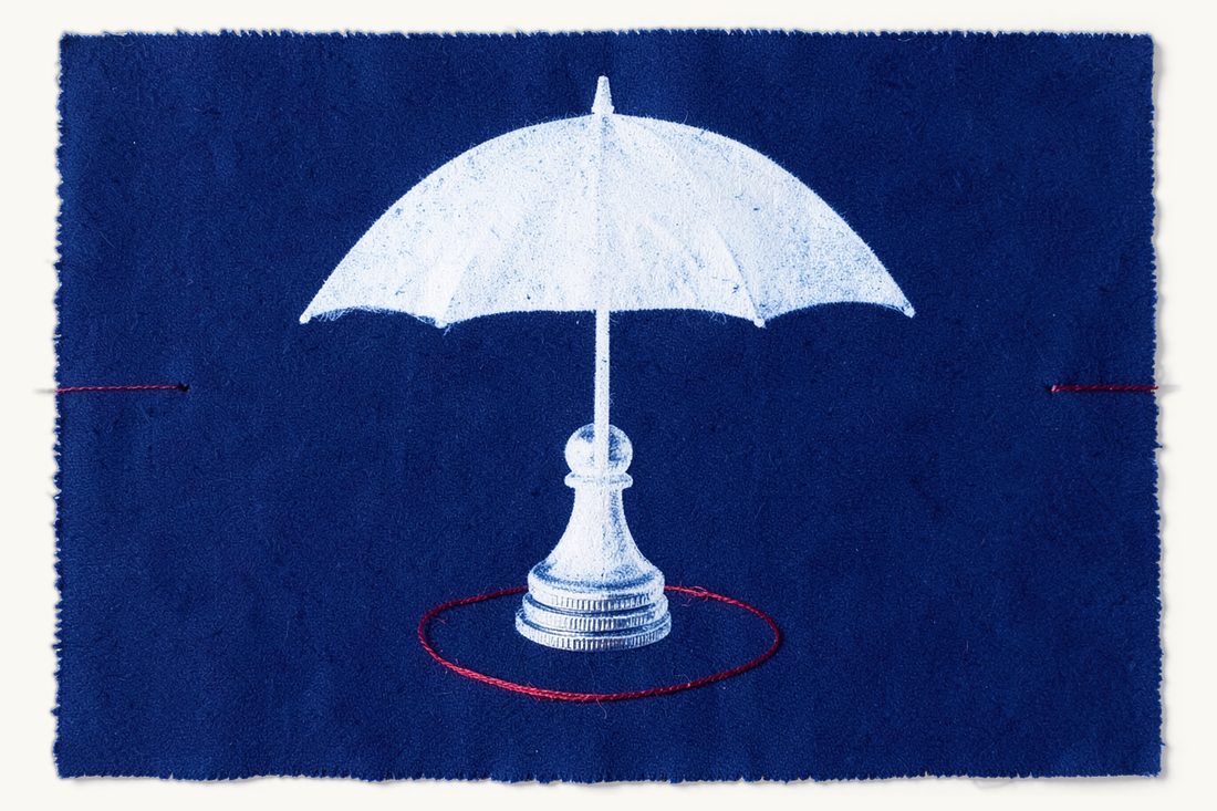Investor protection and disclosure in Türkiye: a large open umbrella over a small chess pawn and a stack of coins, a closed red thread circle on the ground beneath it, cyanotype print