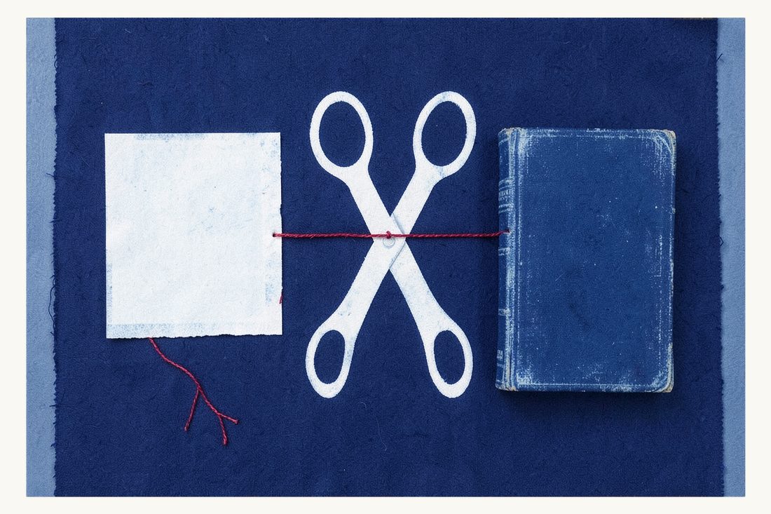 Setting aside an arbitral award in Türkiye: large open scissors cutting the red thread that ties a blank folded sheet of paper, with a thick antique book standing apart, cyanotype print