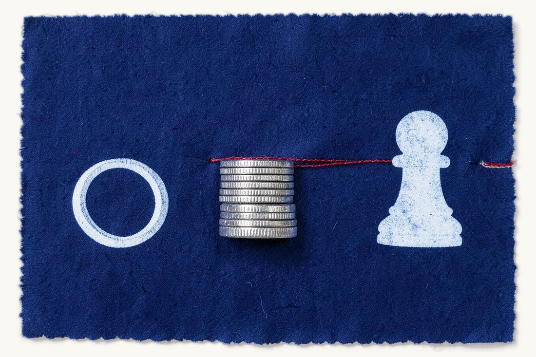 Alimony and financial support after divorce in Turkey: three stacks of coins of different sizes joined by a stepped red thread to a chess pawn, with two wedding rings apart at the left, cyanotype print