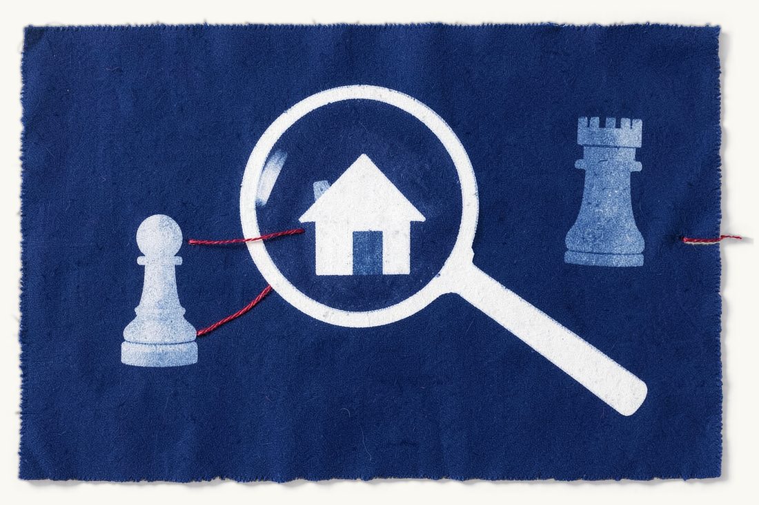 Avoiding Turkish property fraud as an overseas buyer: a large magnifying glass over a house, a red thread passing a chess rook without touching it, cyanotype print
