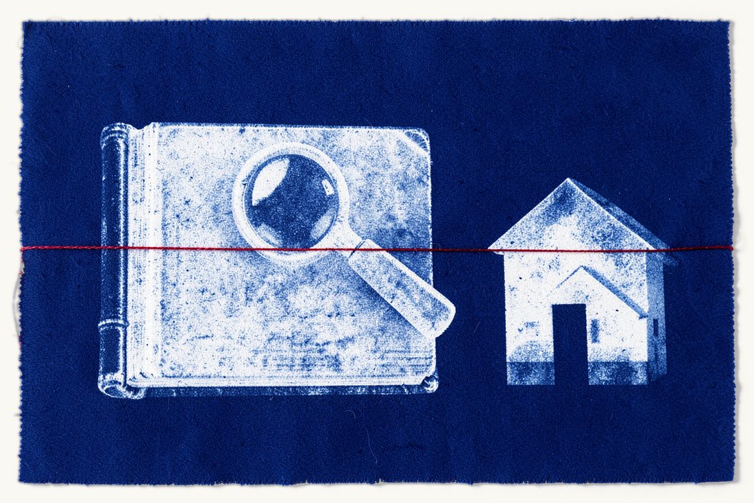 Independent due diligence before paying: a magnifying glass resting on a thick law book with a red thread running to a house, cyanotype print