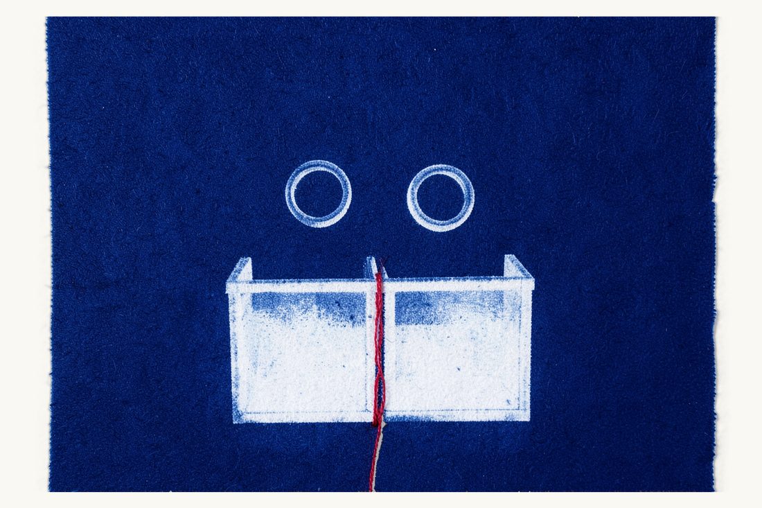 Classifying personal and acquired property in a Turkish divorce: two wedding rings apart above a large two-compartment sorting box divided by a red thread, cyanotype print