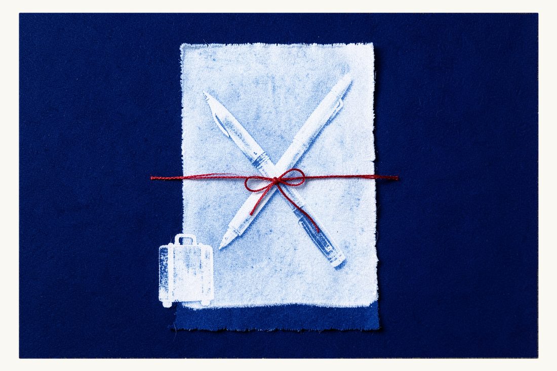 Commercial contract for foreign businesses: a fountain pen lying on a blank sheet, both tied together with a red thread bow, a small suitcase beside it, cyanotype print