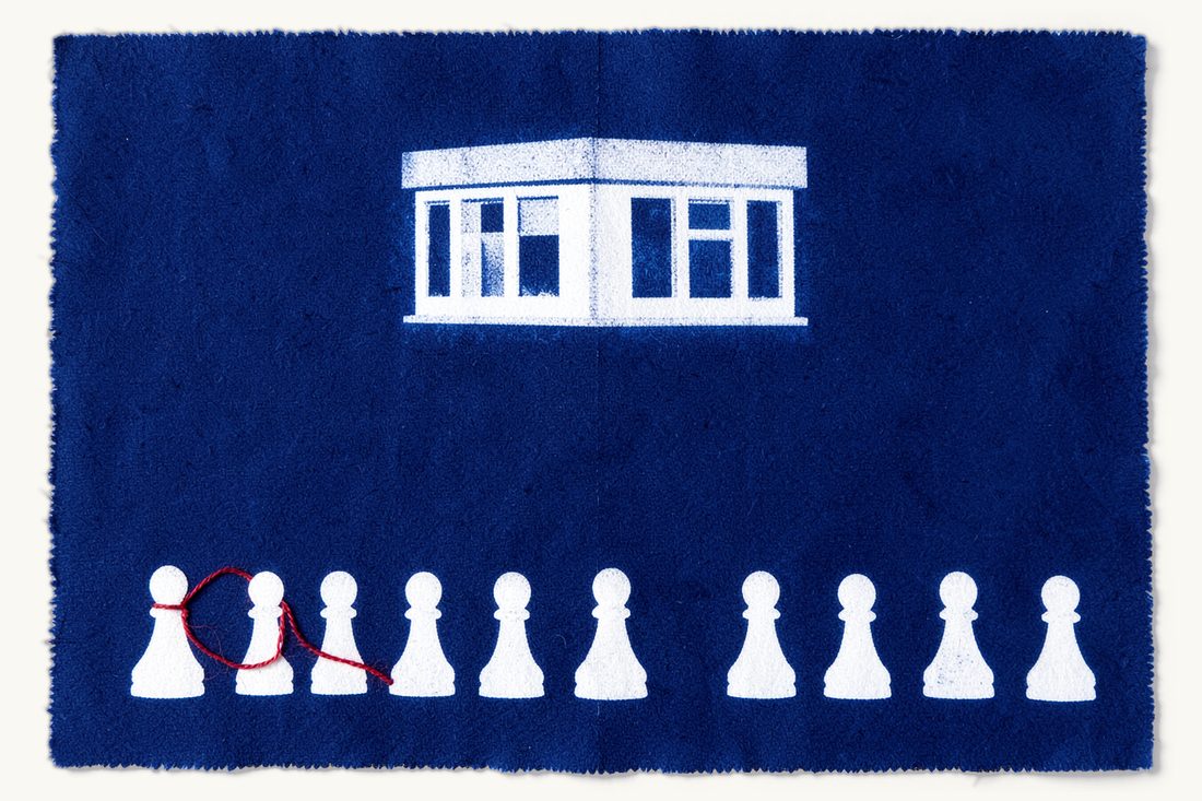 Share buybacks by Turkish companies: a large office block whose red thread loops around one chess pawn in a row of ten pawns, cyanotype print