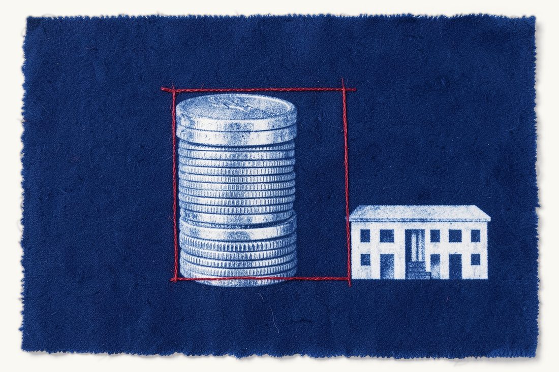 Share buybacks by Turkish companies: a tall stack of silver coins with a red rectangle enclosing only its upper part, and a small office block tied to the framed part, cyanotype print