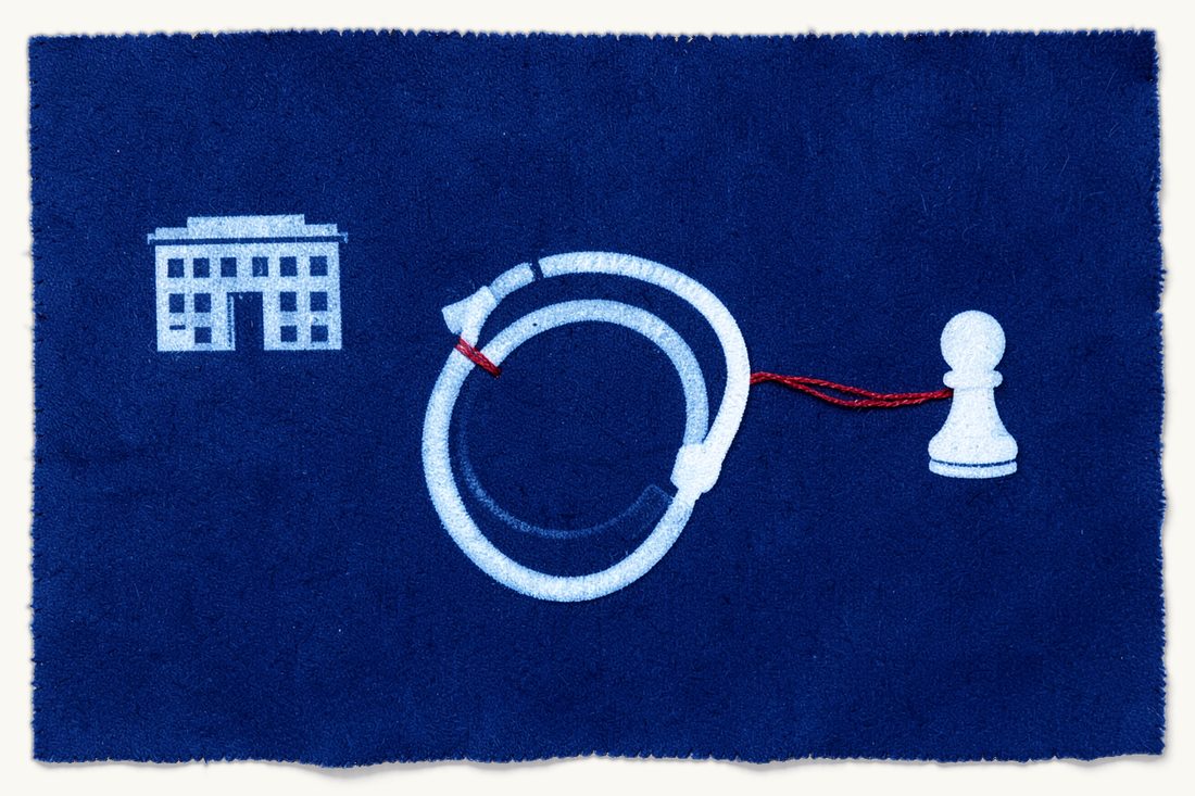 Medical malpractice compensation in public hospitals: a coiled stethoscope with a red thread broken halfway toward a chess pawn, a low office block behind, cyanotype print