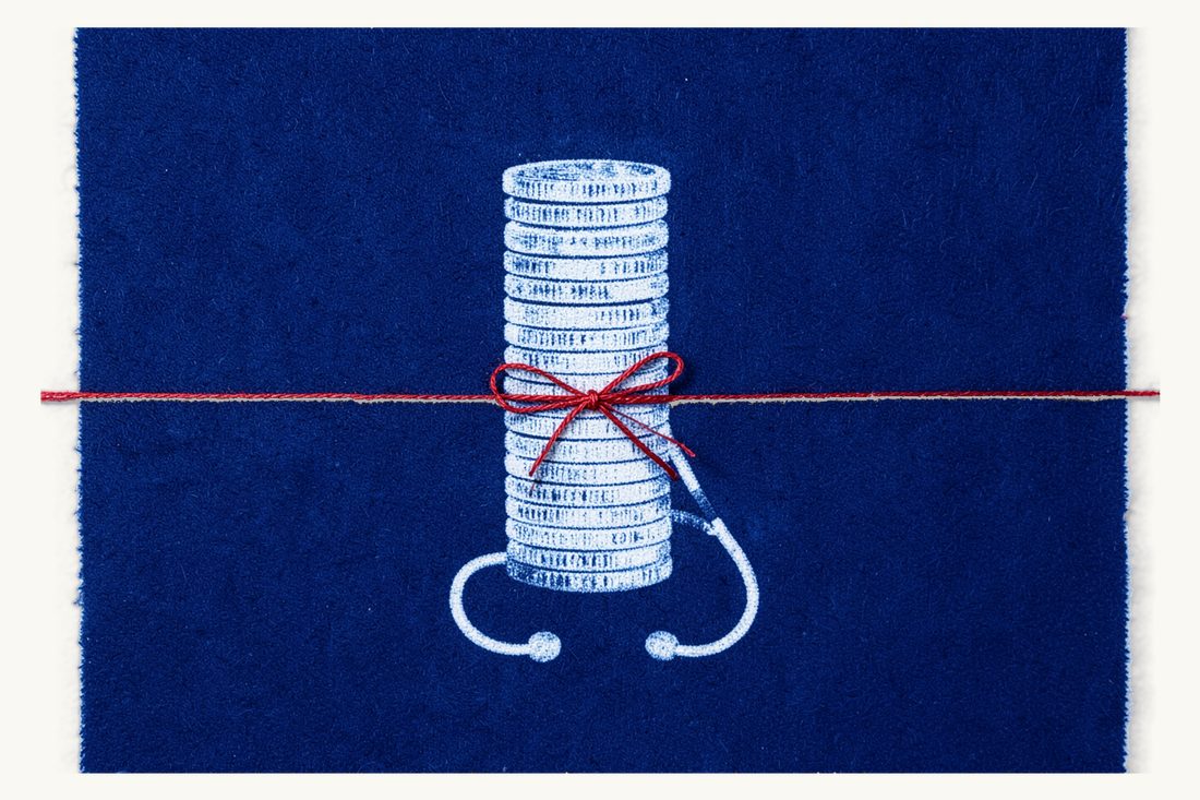 Compensation in medical malpractice cases: a tall stack of silver coins seen edge-on with a coiled stethoscope at its foot, tied round with a red thread