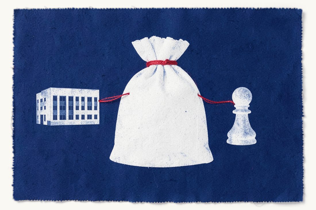 The Competition Board's decision and fines reaching individuals too: a heavy money sack tied by one red thread to both an office block and a chess pawn, cyanotype print
