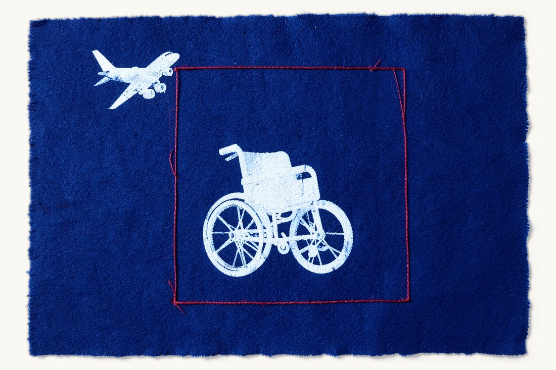 Turkish healthcare law for foreign patients: an empty wheelchair inside a red thread frame, with a small airplane flying toward it, cyanotype print