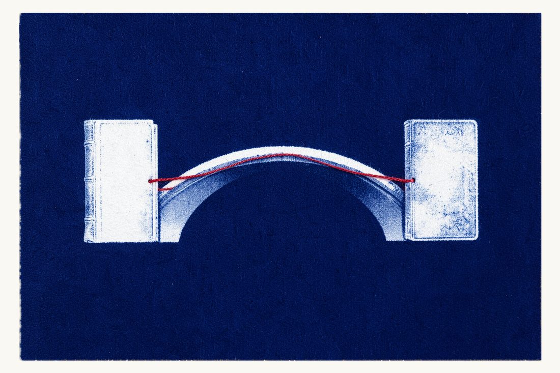 Enforcing a foreign arbitral award in Türkiye: two antique books on either end of an arched bridge, joined by a red thread running over it, cyanotype print