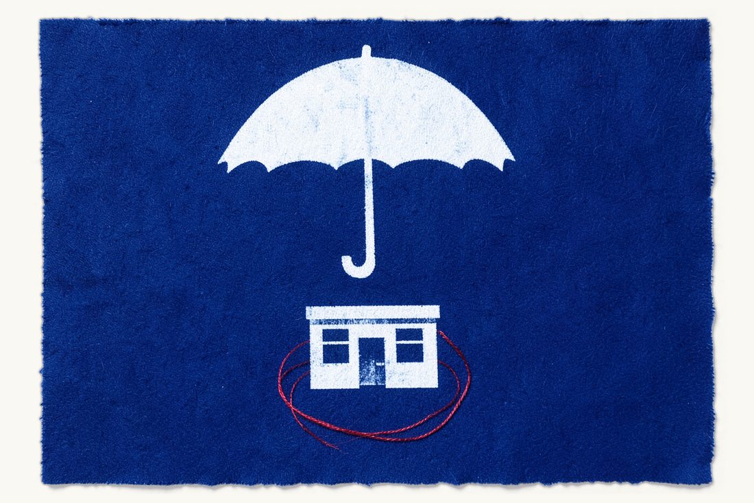 Registration and protection after converting a limited company into a joint stock company: a large open umbrella over a small office block ringed by a red thread, cyanotype print