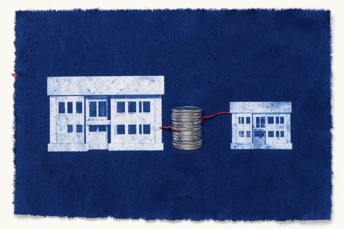 Branch versus subsidiary for corporate tax in Turkey: a large office block and coin stack joined to a small attached block, and a separate small block with its own unconnected coin stack, cyanotype print
