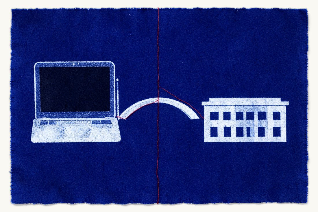 Cross-border data transfers from Türkiye under KVKK: a laptop linked by a red thread over an arched bridge to an office block, cyanotype print