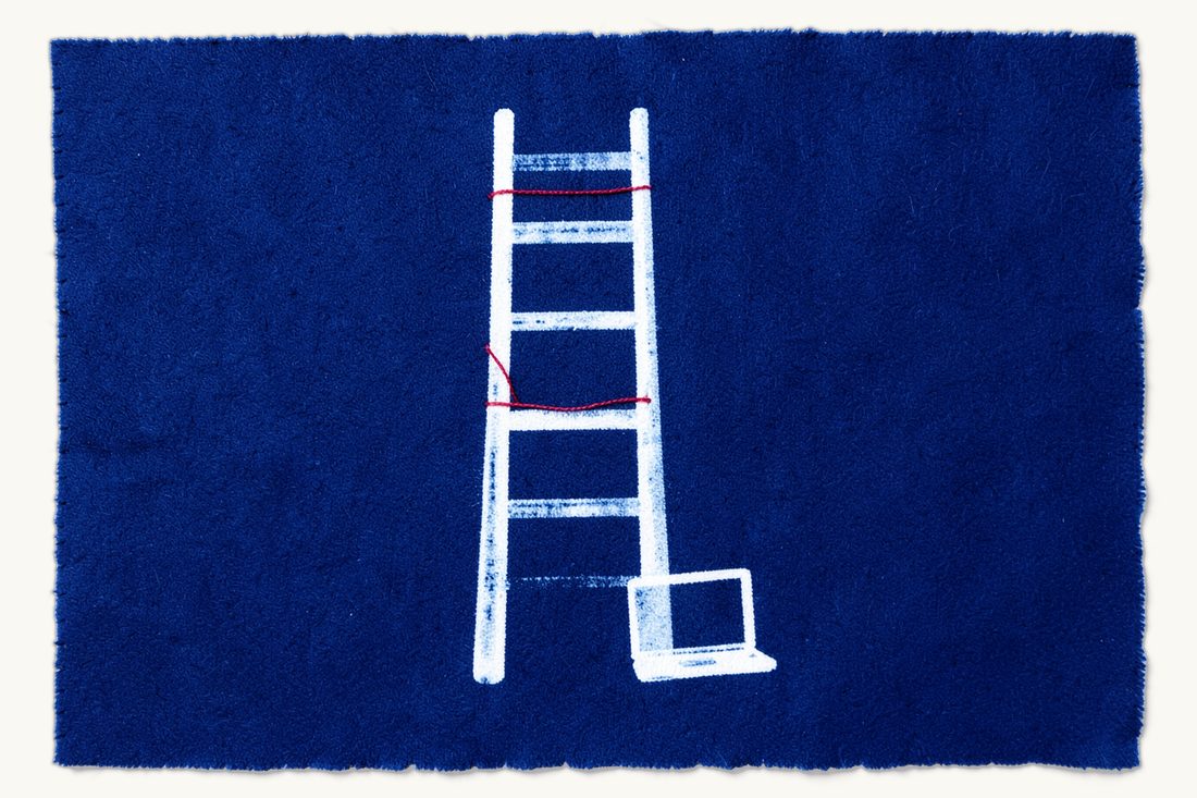 Tier 3, exceptional case-by-case data transfers: a three-rung ladder with a red thread tied around only the top rung and a small laptop at its foot, cyanotype print