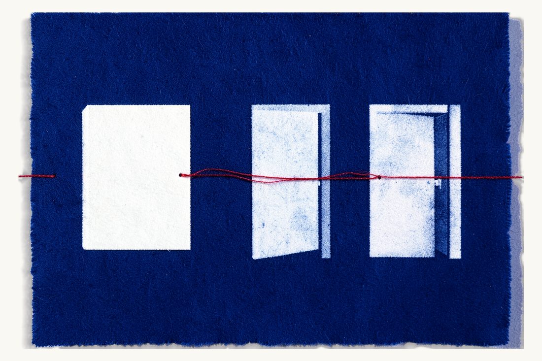 Two phases of merger review after notification: a document folder on the left, then two half-open doors in a row, all threaded by one red line, cyanotype print