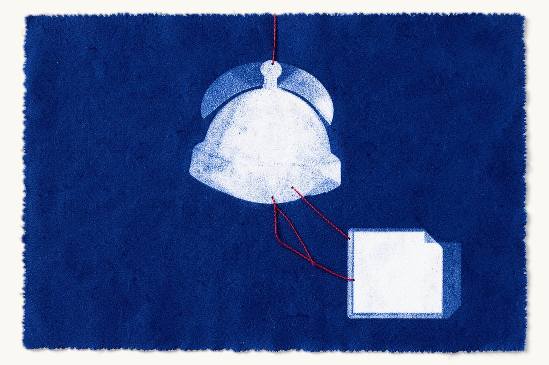 The first hour of a dawn raid: a large ringing alarm bell with a red thread leading in three short steps to a document folder, cyanotype print