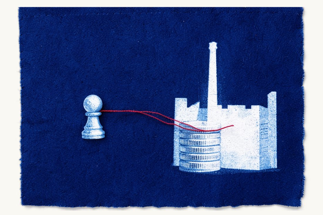 Debt collection for businesses in Turkey: a factory with a chimney beside a tall stack of silver coins, a red thread pulled taut from the coins to a small chess pawn, cyanotype print