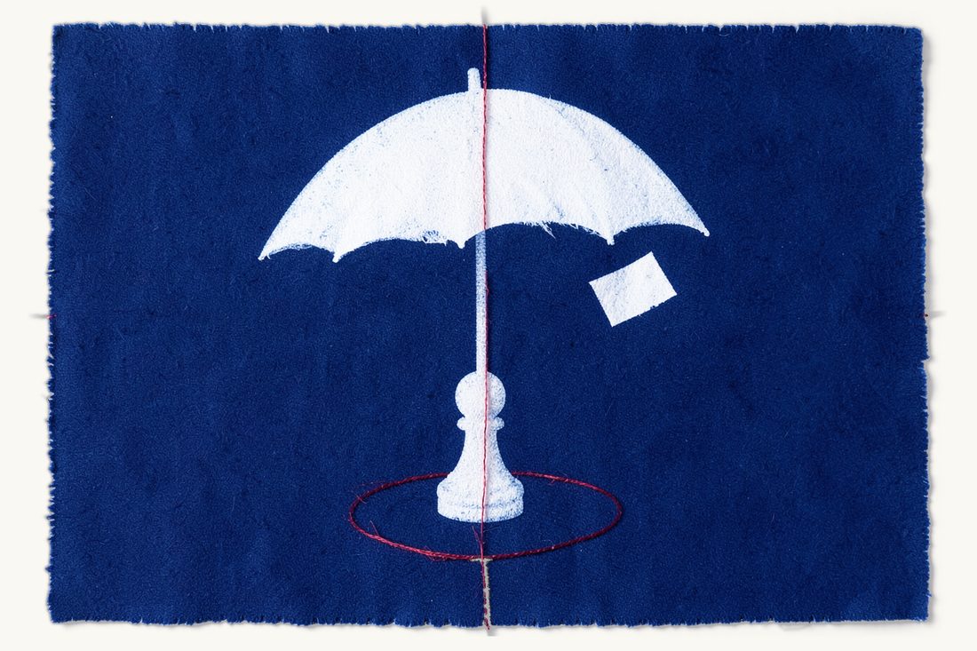Defending against enforcement of a foreign judgment: folded blank sheets falling and glancing off a large open umbrella that shelters a chess pawn inside a red thread ring, cyanotype print