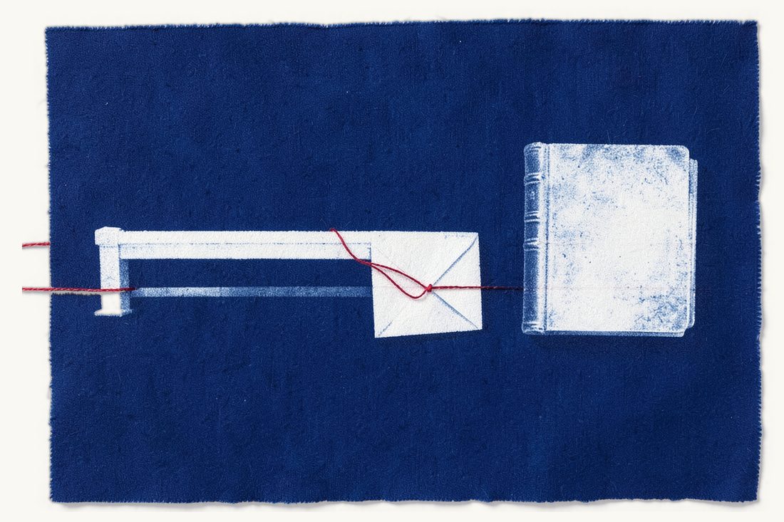 Which court hears the case and objecting on jurisdiction: a lowered barrier arm across a road halting a closed envelope short of an antique book, a red thread holding it back, cyanotype print