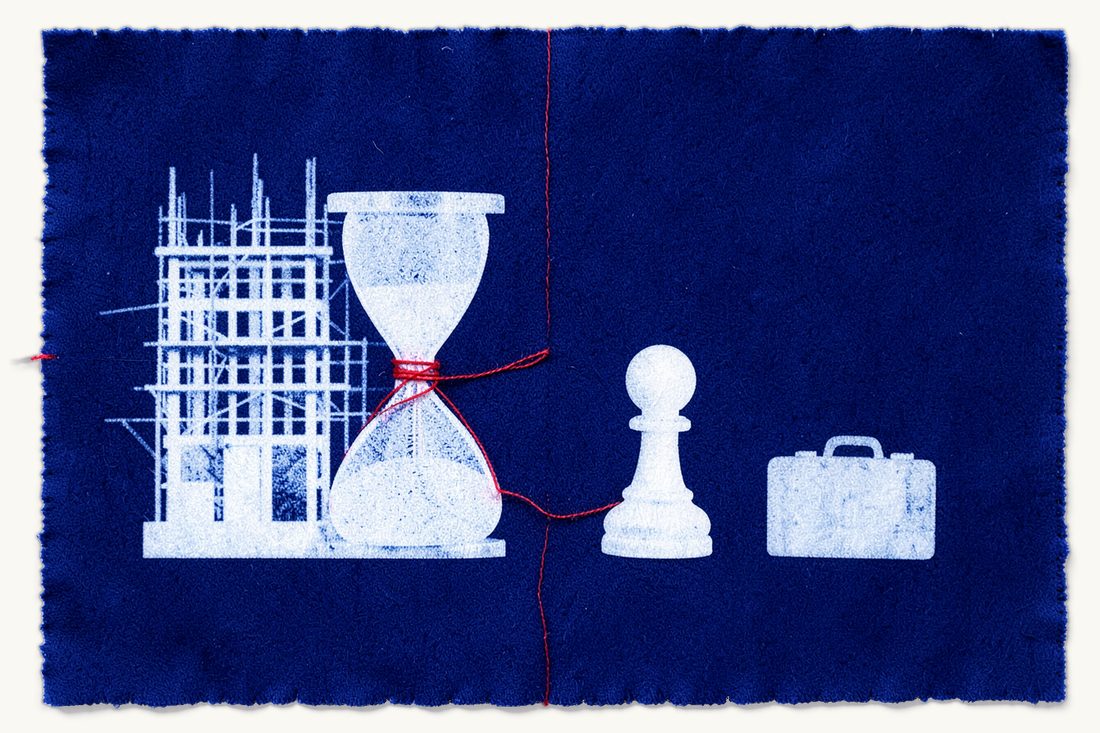 Late property delivery by a construction company: a building under scaffolding at left, an hourglass with its red thread running on to a pawn waiting beside a small suitcase, cyanotype print