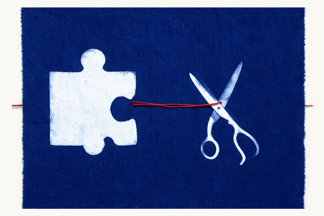 Full demerger of a Turkish company: two jigsaw puzzle pieces pulled apart and open scissors between them beside the cut red thread, cyanotype print