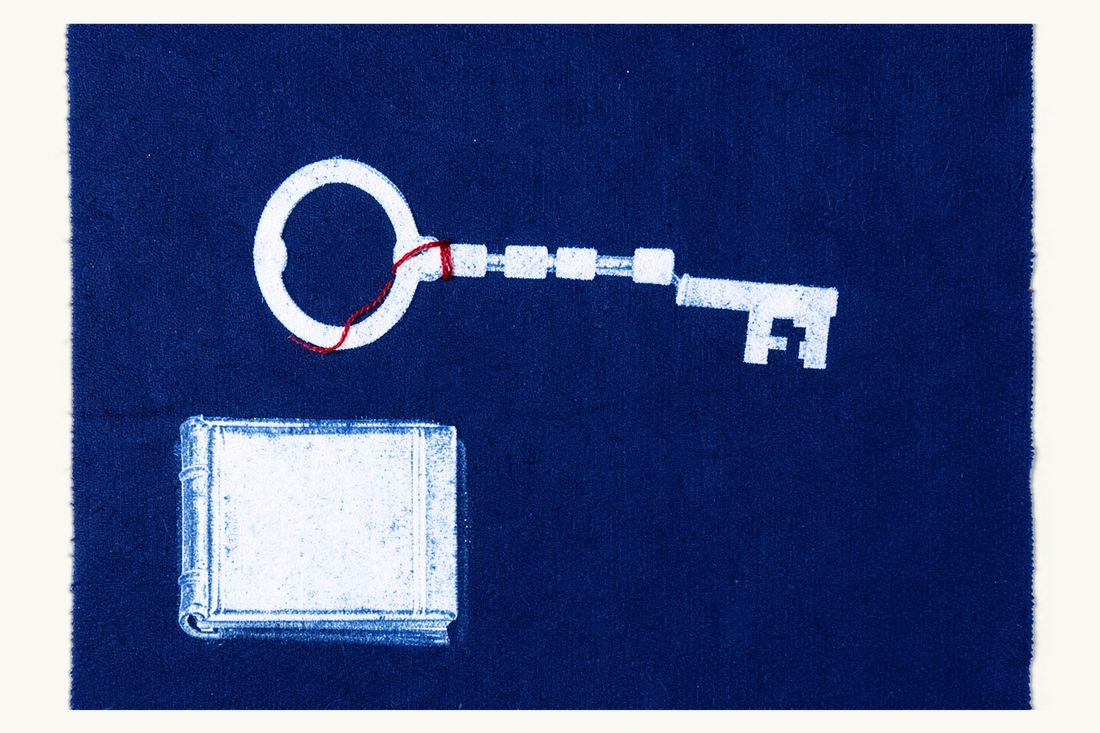 Crypto laws in Turkey: a large old key whose shaft is a chain of linked cubes, tied by a red thread to a thick antique book, cyanotype print