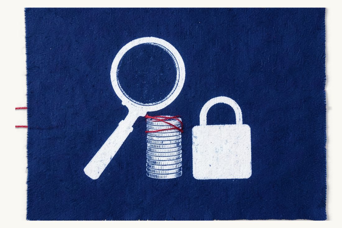 Anti-money-laundering rules for crypto: a large magnifying glass over a stack of plain silver coins, the stack bound by red thread to a closed padlock standing beside it, cyanotype print