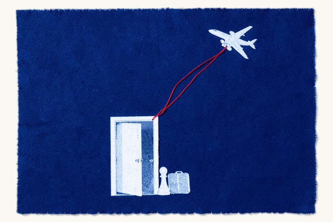Deportation and entry ban after a prison sentence in Türkiye: a chess pawn with a small suitcase at a large half-open door, a red thread rising from the door to a passenger airplane above, cyanotype print