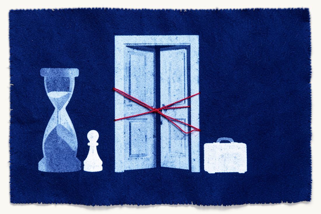 Re-entry ban after deportation: a half-open door sealed by a knotted zigzag of red thread, an hourglass beside it, a pawn with a small suitcase waiting outside, cyanotype print