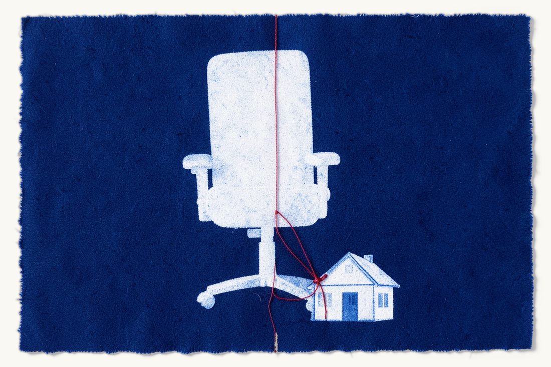 Personal liability of company directors in Türkiye: a tall high-backed office chair tied by a red thread to a small house, cyanotype print